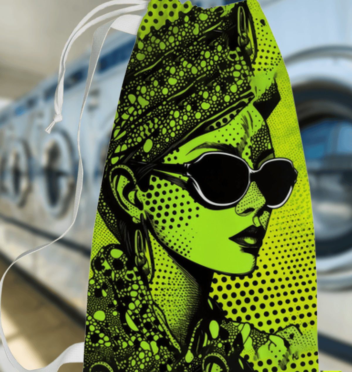 Artistic painted design on a spacious laundry bag.