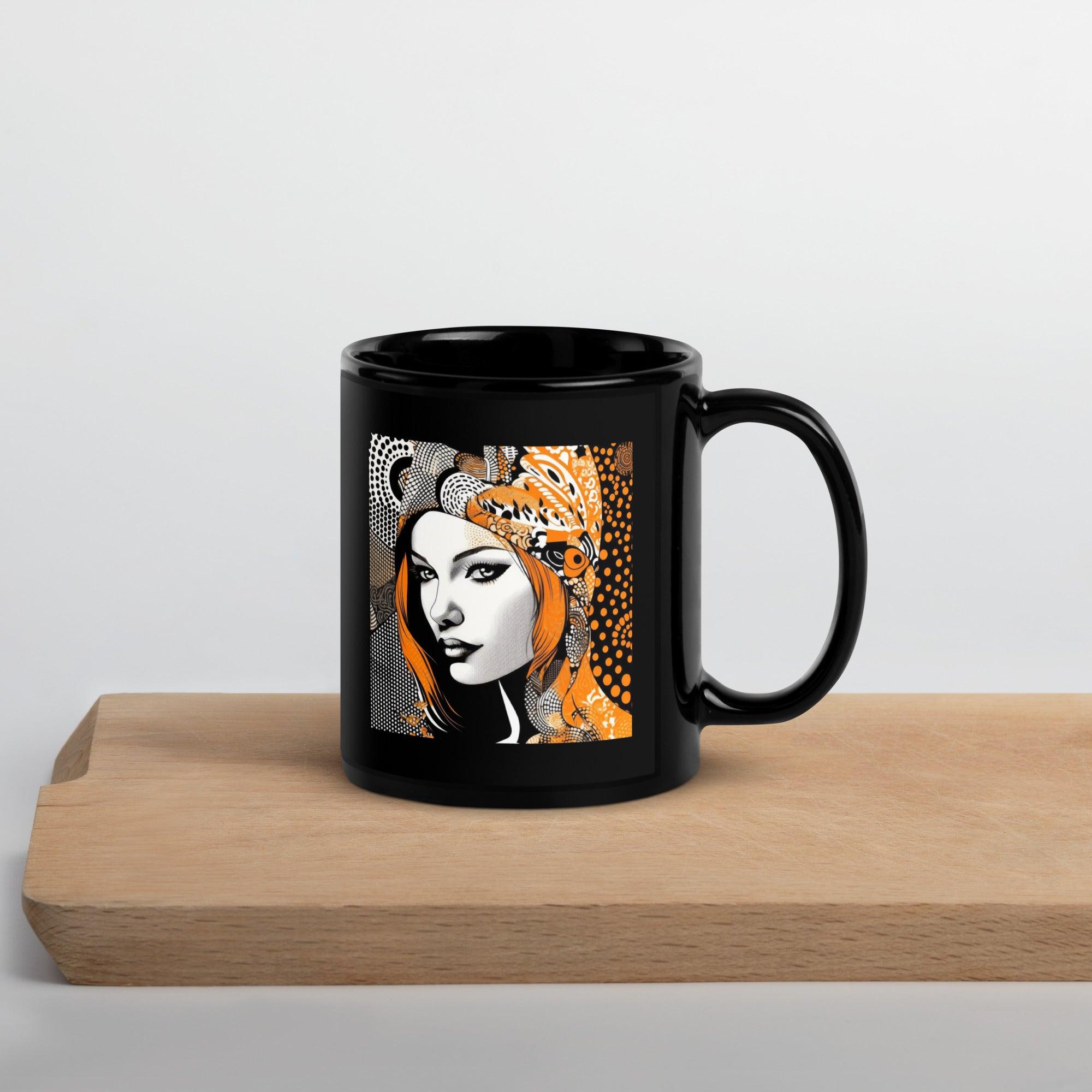 Artistic black glossy mug with painted permanence design.