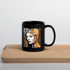 Artistic black glossy mug with painted permanence design.