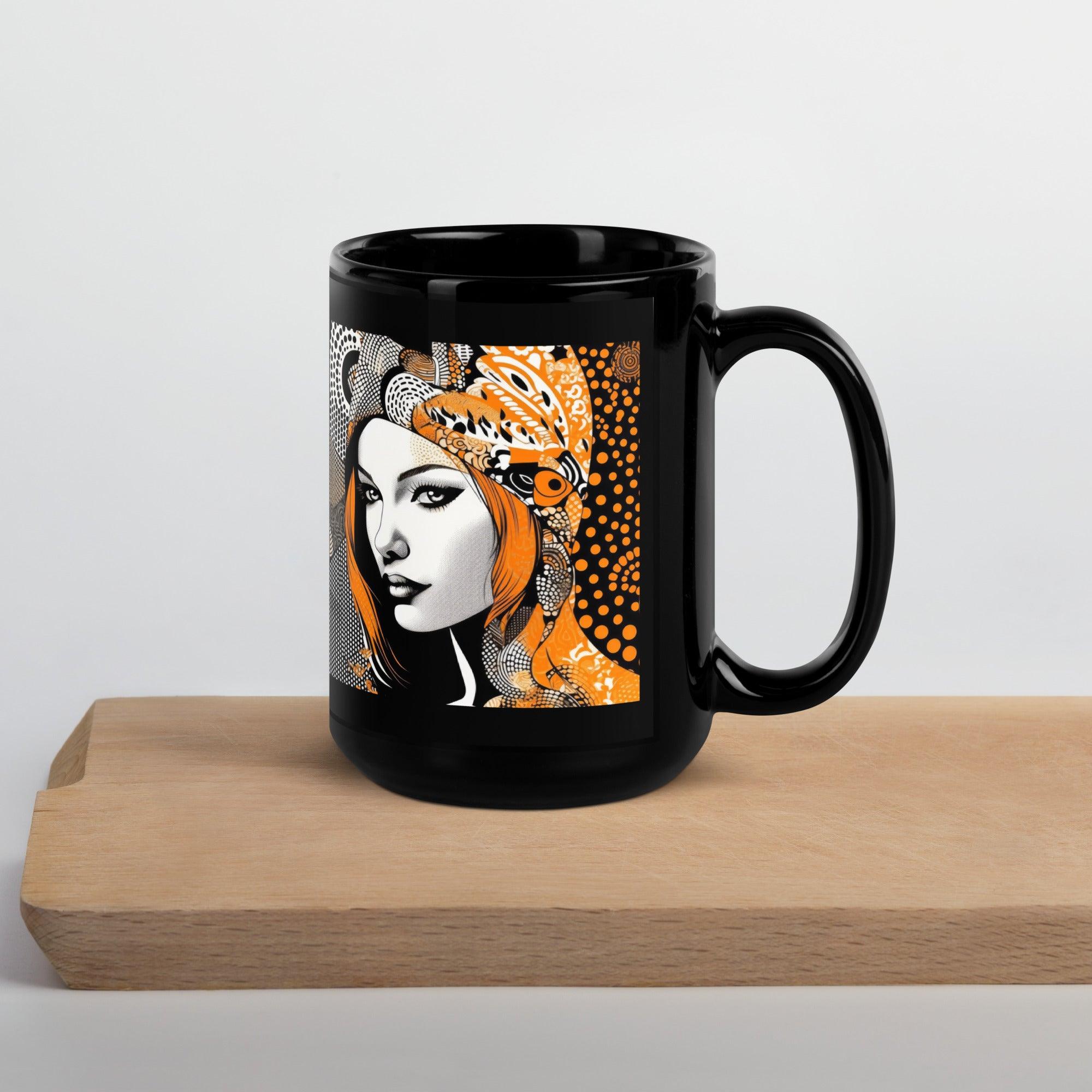Elegant black coffee mug with permanence artwork.