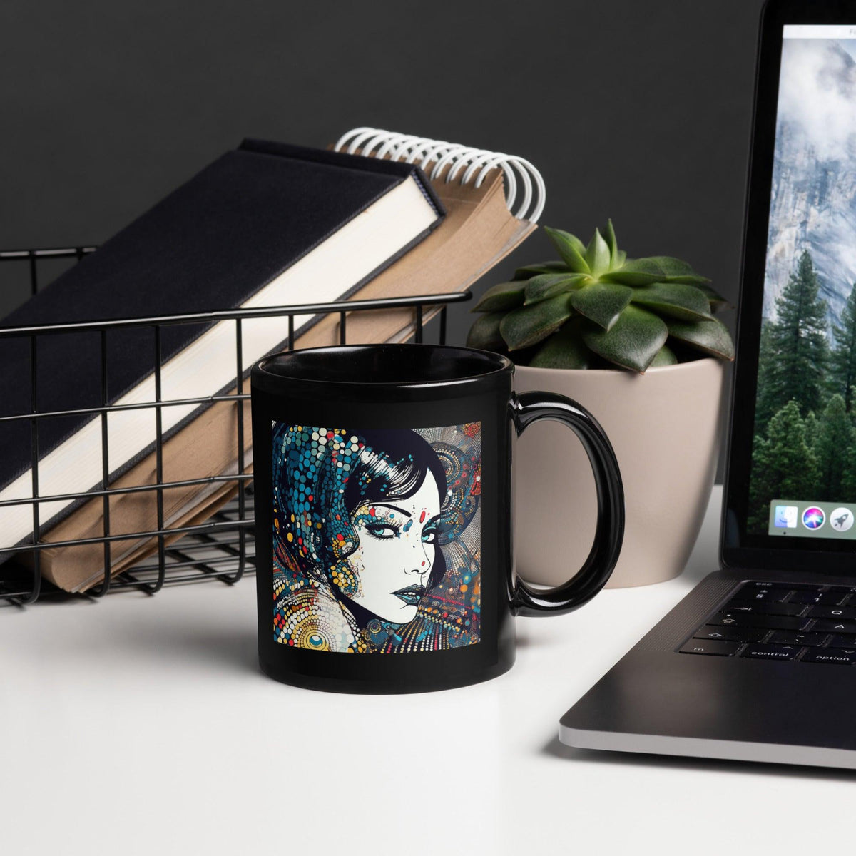 Black glossy mug with pen and ink design for elegant drinkware.