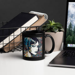 Black glossy mug with pen and ink design for elegant drinkware.