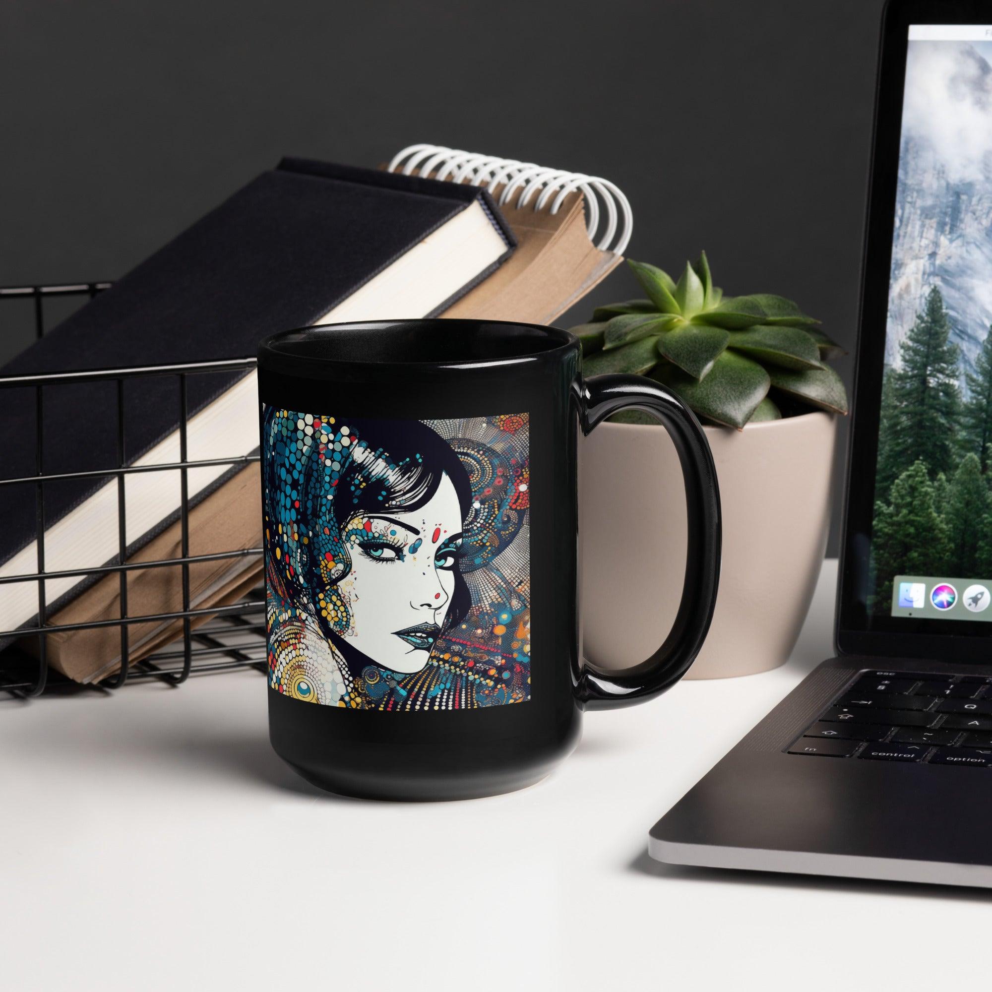 Elegant black glossy coffee mug with unique pen and ink art.
