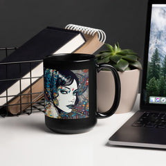 Elegant black glossy coffee mug with unique pen and ink art.