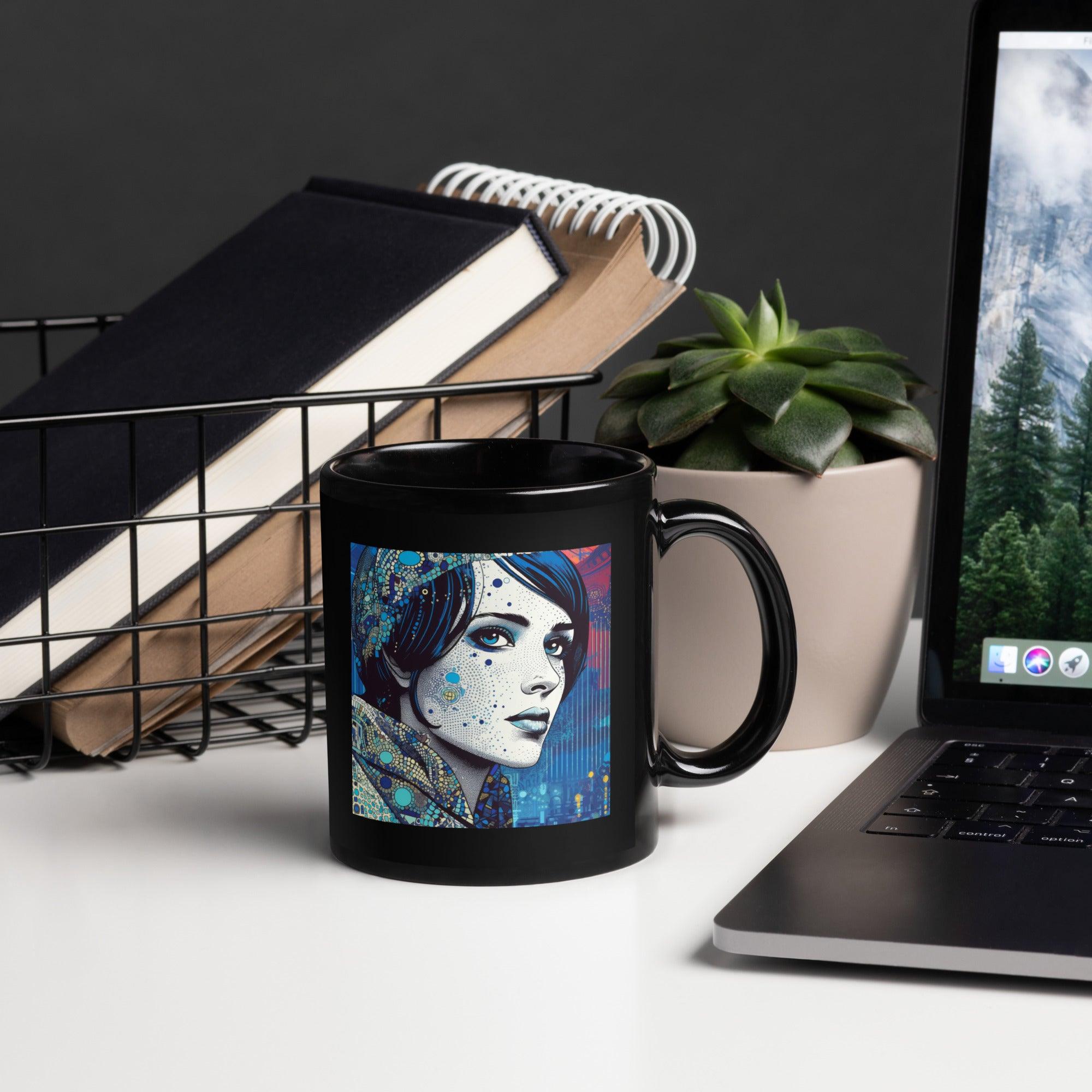 Pen and Ink Perfection II Mug in Glossy Black Front View.