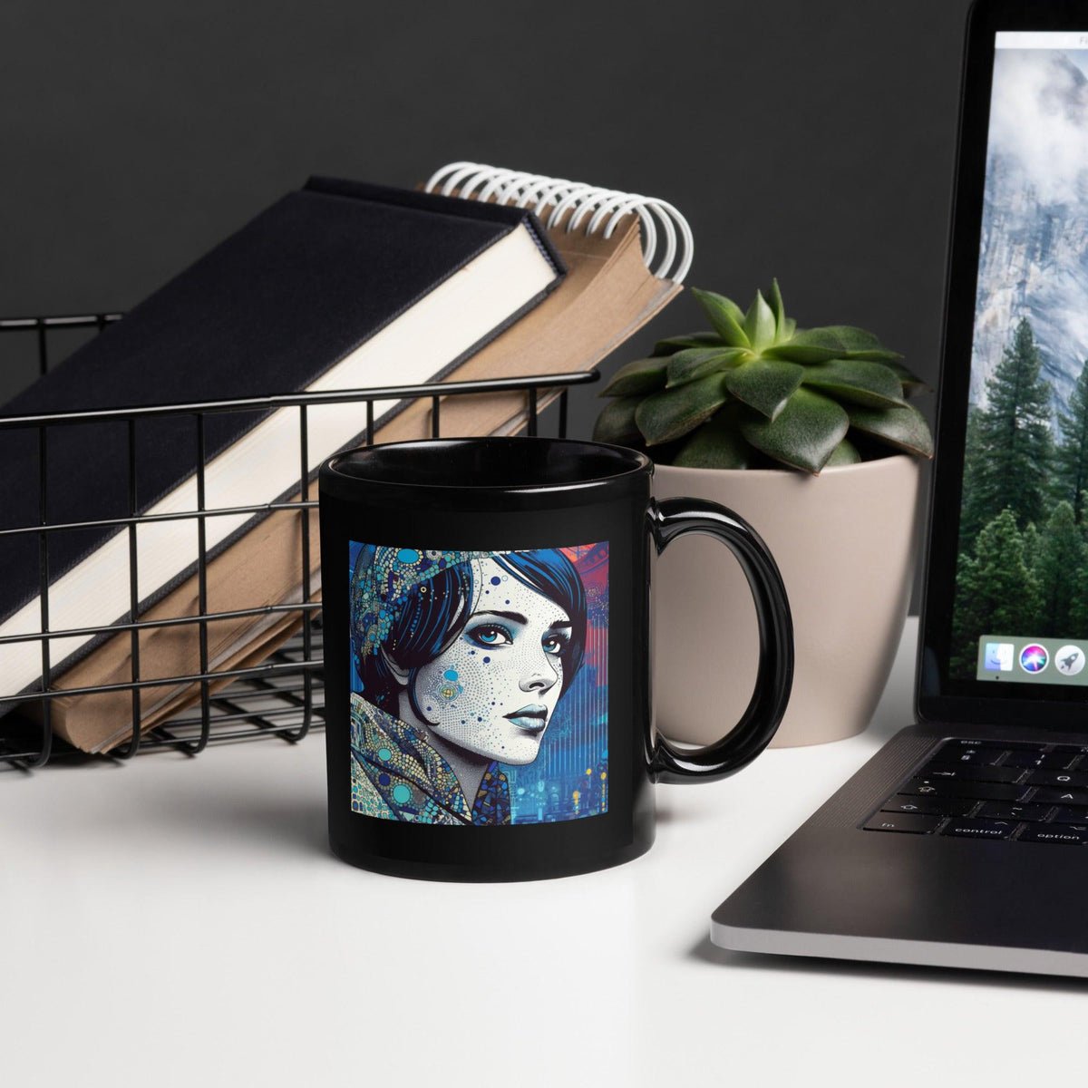 Pen and Ink Perfection II Mug in Glossy Black Front View.