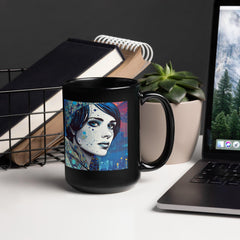 Elegant Black Glossy Mug with Pen and Ink Art Detail.