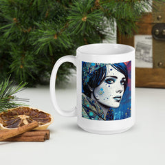 White glossy mug with Pen and Ink Perfection II design, morning light.