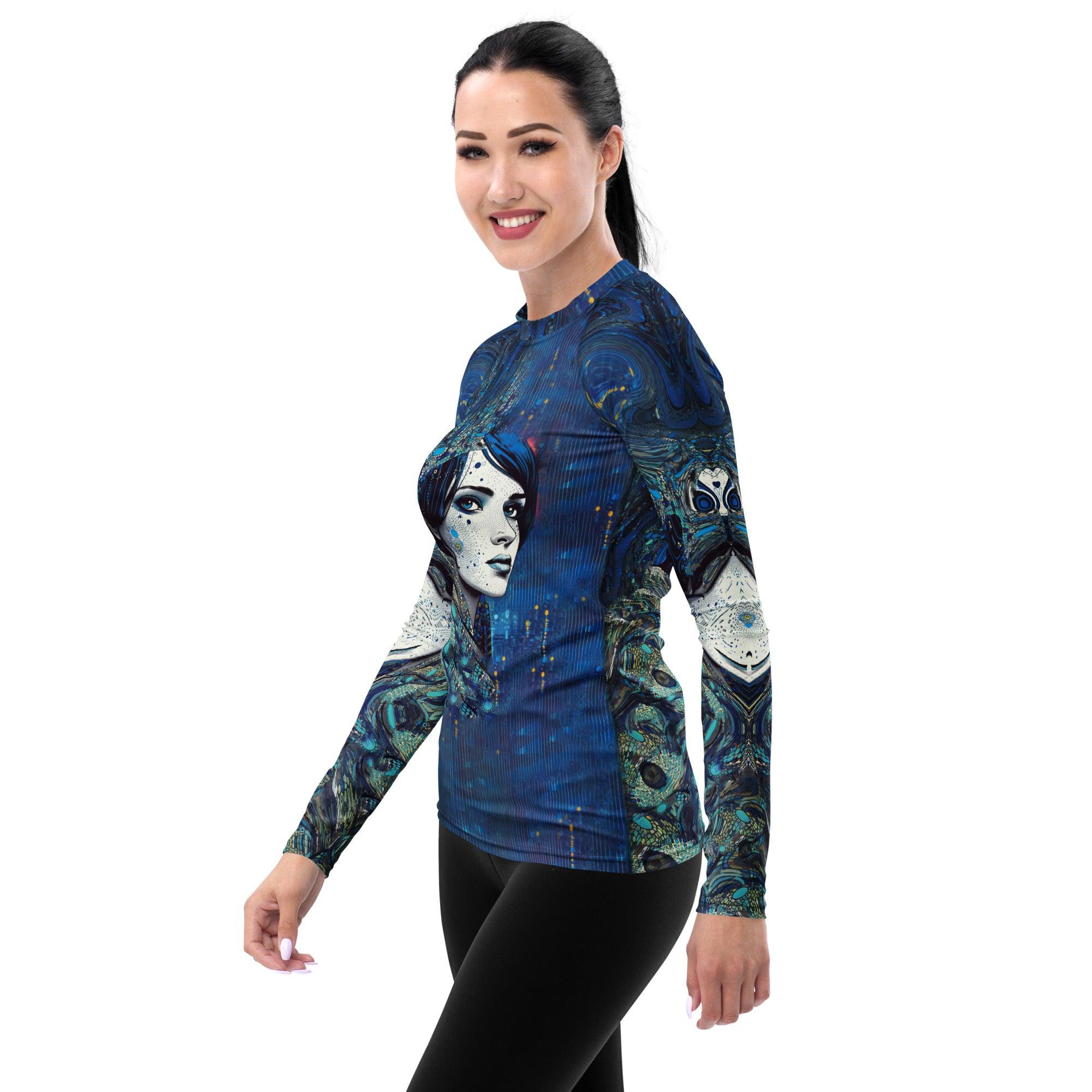 Stylish Pen and Ink women's rash guard for surfing.