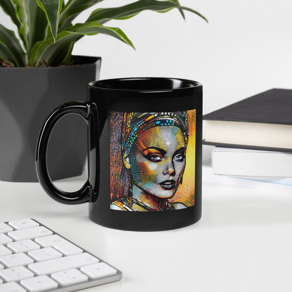 Pen and Paper Passion black glossy mug on wooden desk.