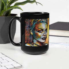 Close-up of Pen And Paper Passion mug with steaming coffee.
