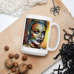 White glossy mug with pen and paper passion design for artists.