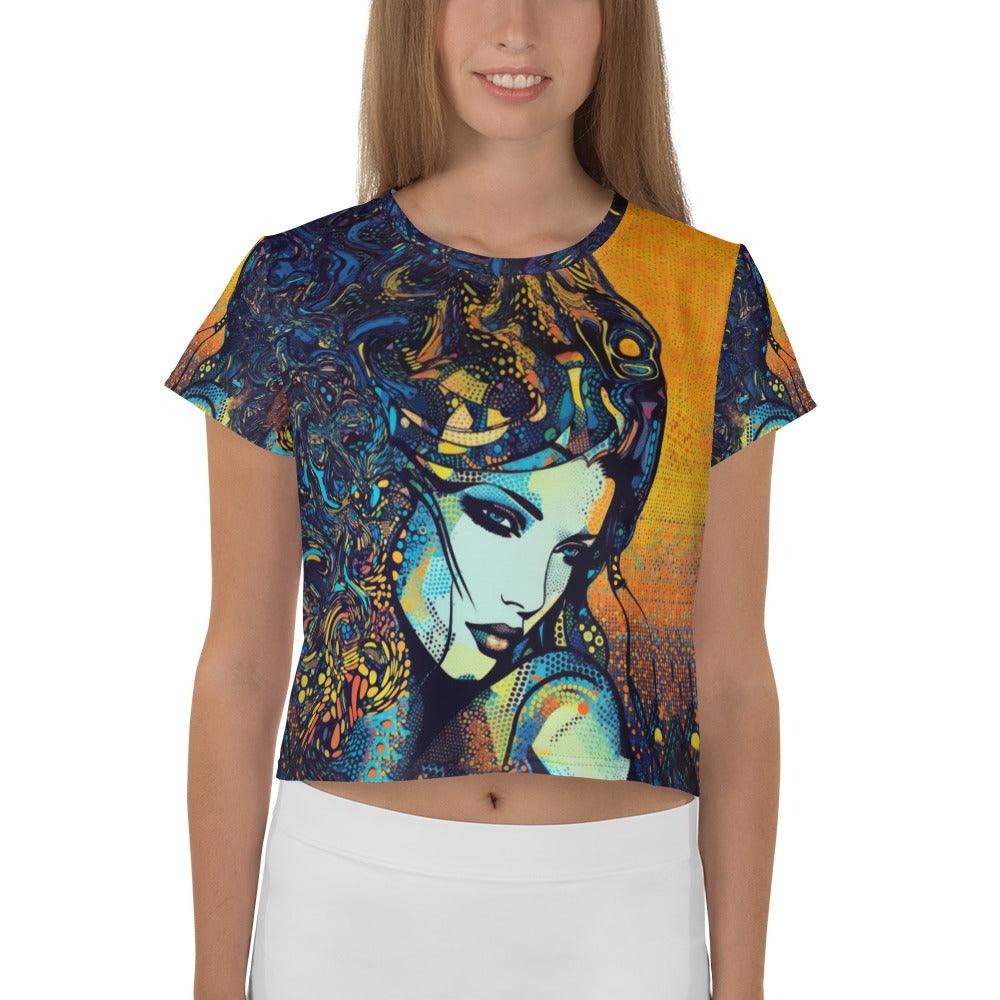 Pen Pals all-over print crop tee with vibrant patterns on model.