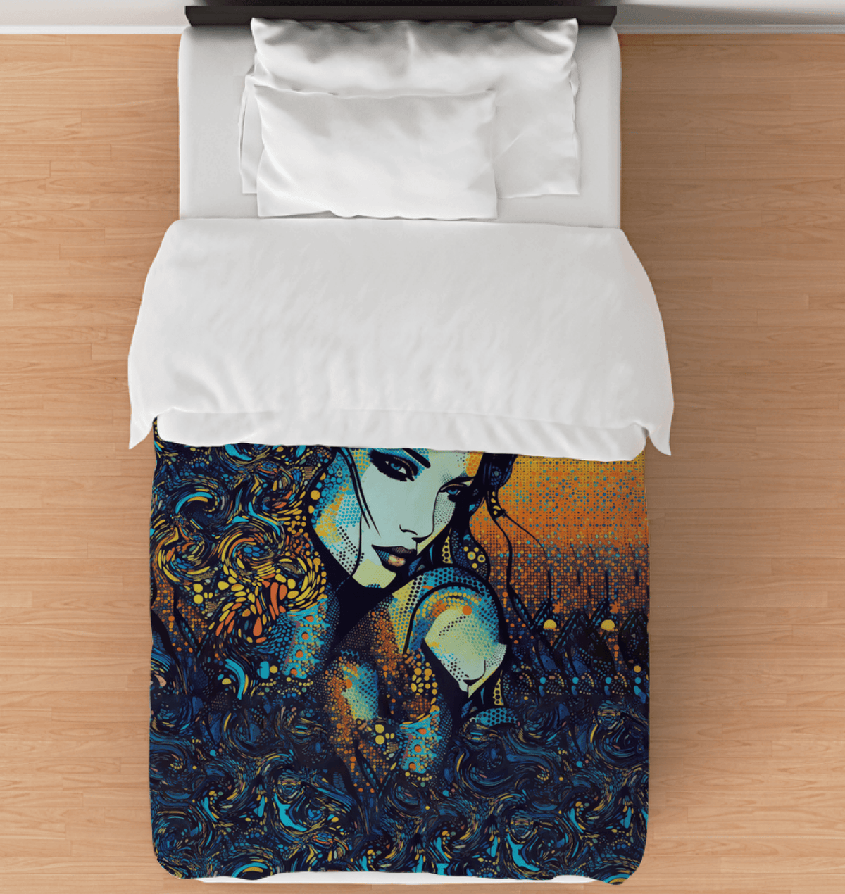 Colorful Pen Pals Duvet Cover laying elegantly on a bed, highlighting its unique design and vibrant colors.