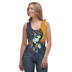 Back view of Pen Pals Sublimation Tank Top on model.