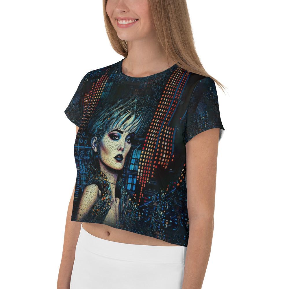 Woman wearing pencil perfection print crop tee, perfect for casual and stylish looks.