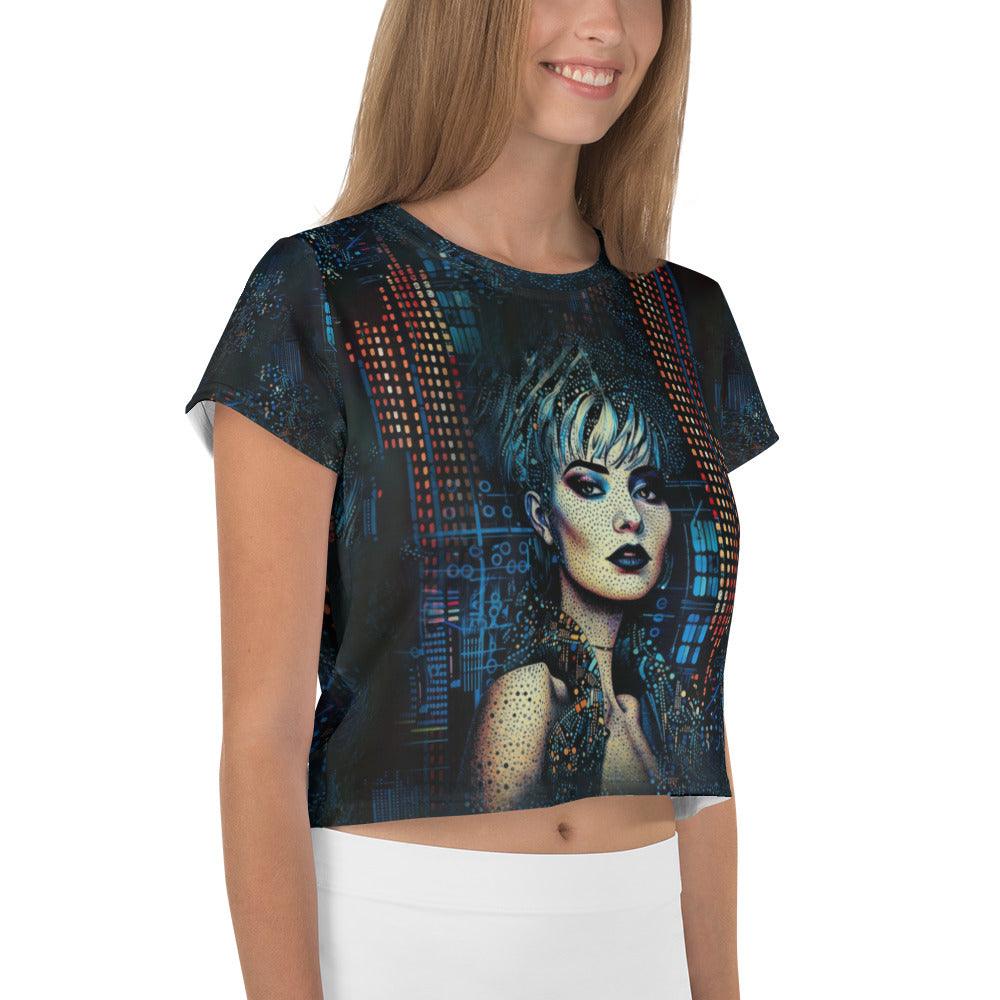 Artistic pencil designs on all-over print crop tee, highlighting creativity and style.