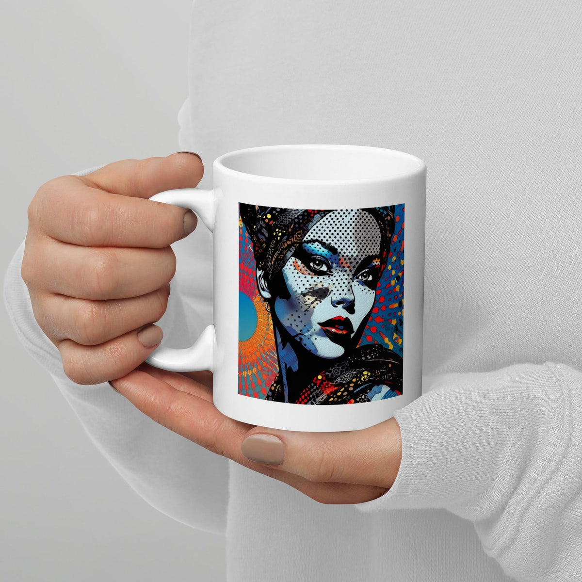 White glossy mug with pencil sketches printed design.