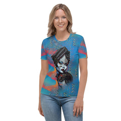 Woman wearing Pencil Perfectionist T-shirt with artistic print.