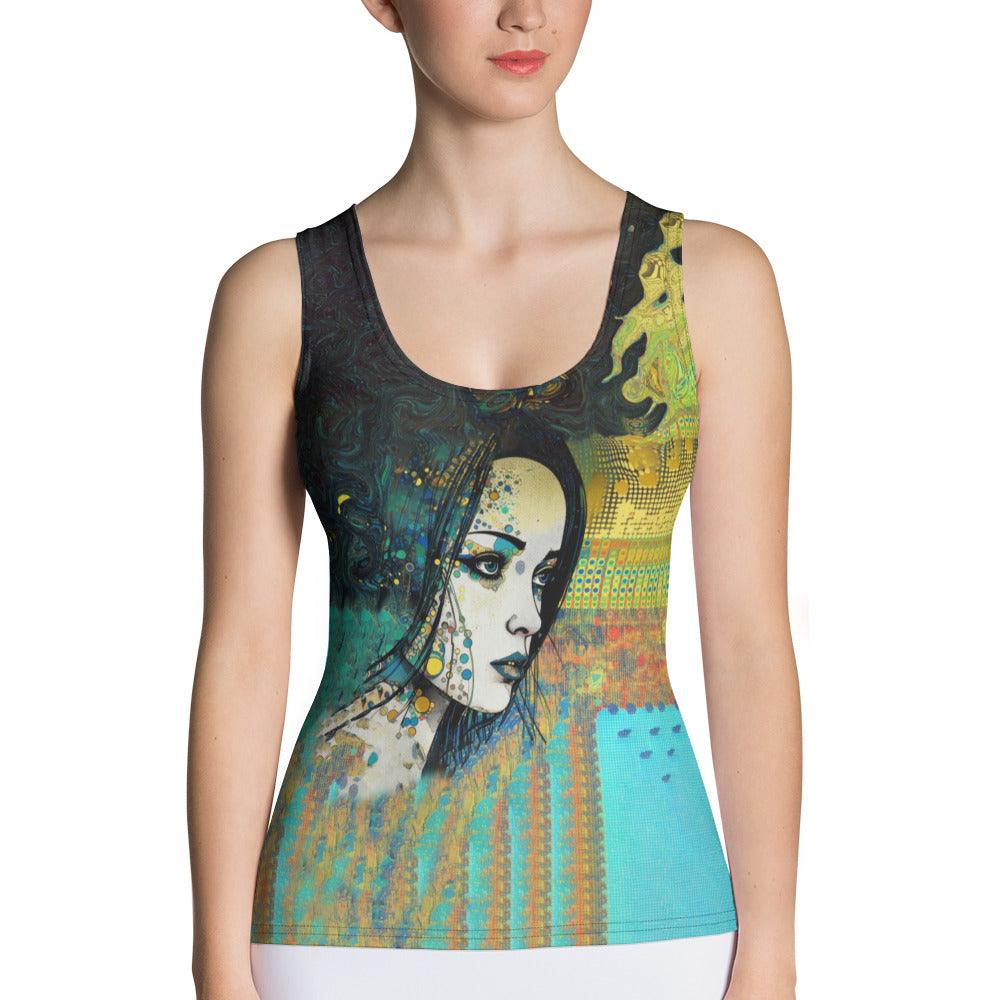 Vibrant pencil play design on sublimation tank top.