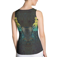 Colorful cut and sew tank top with pencil illustrations.