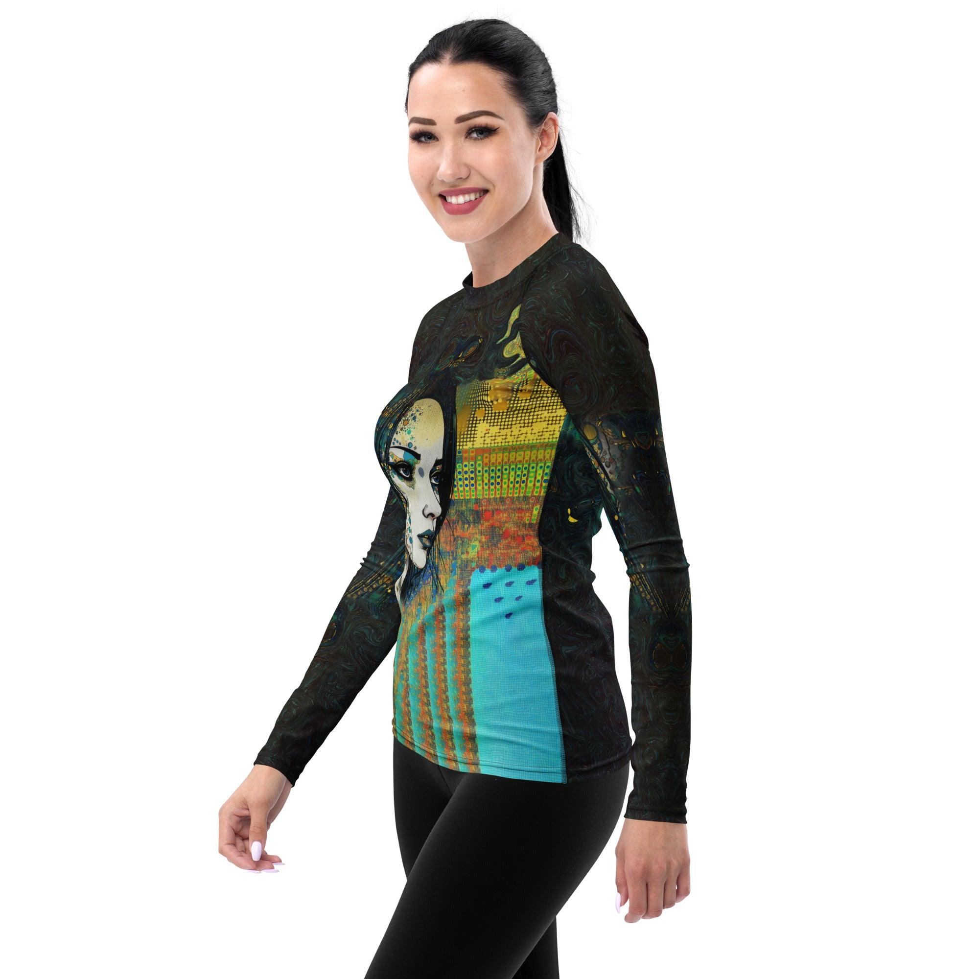 Pencil Play Rash Guard for Women displayed on a mannequin, front view.