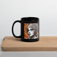 Pencil Ponderings black glossy coffee mug on table.