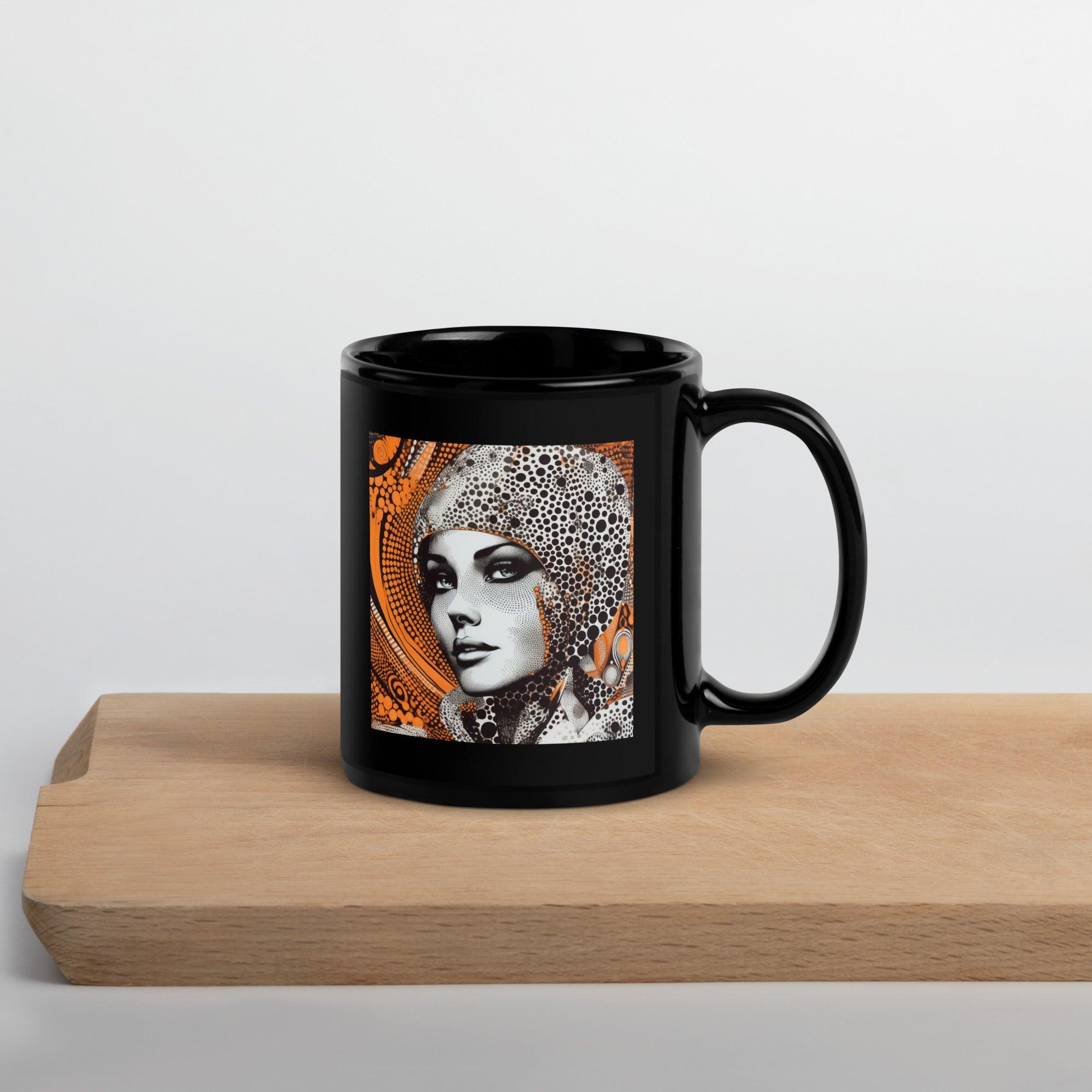 Close-up of black glossy mug with pencil design.