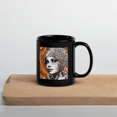 Close-up of black glossy mug with pencil design.