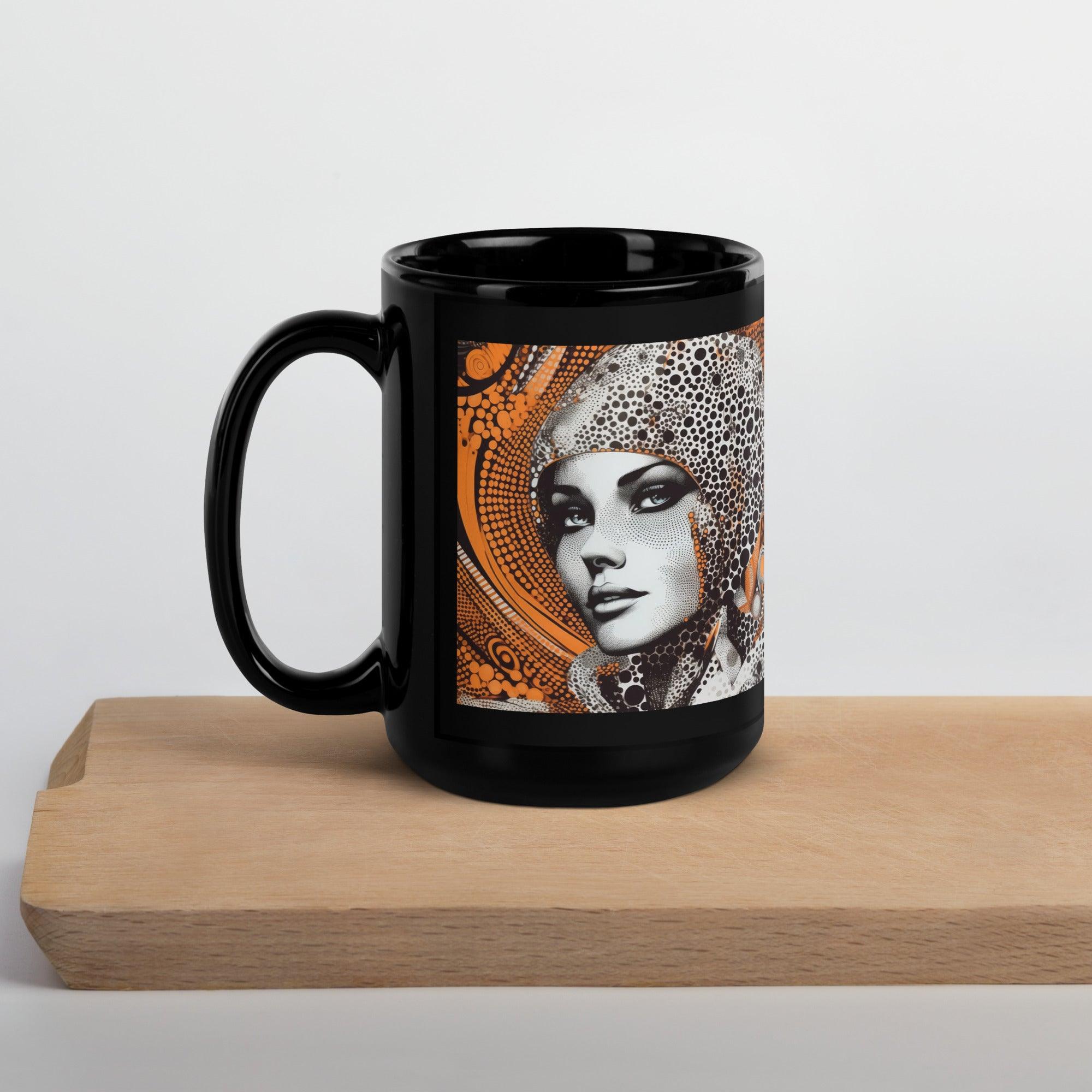 Elegant black coffee mug with pencil sketches.