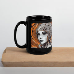 Elegant black coffee mug with pencil sketches.