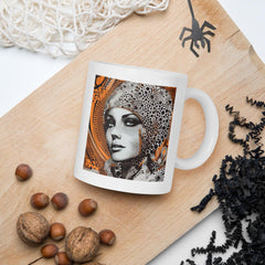 Person holding a white glossy mug with pencil sketches printed.