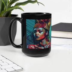 Elegant black coffee mug featuring detailed pencil artwork