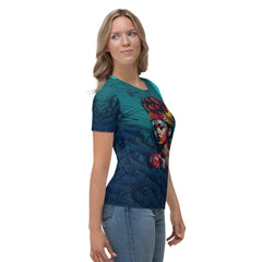 Artistic pencil portraiture print on a casual women's shirt