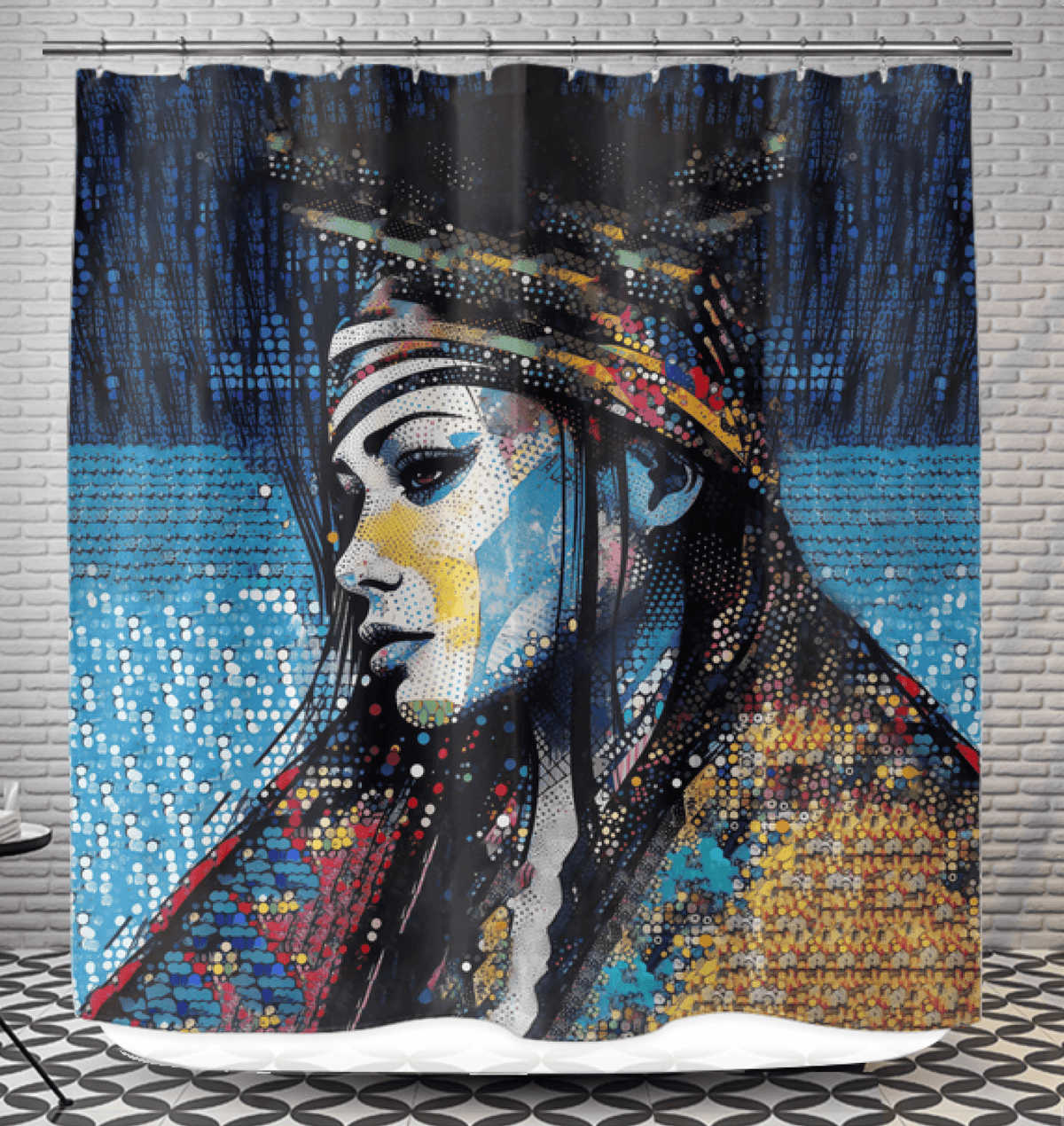 Pencil Power Shower Curtain Hanging in Bathroom.