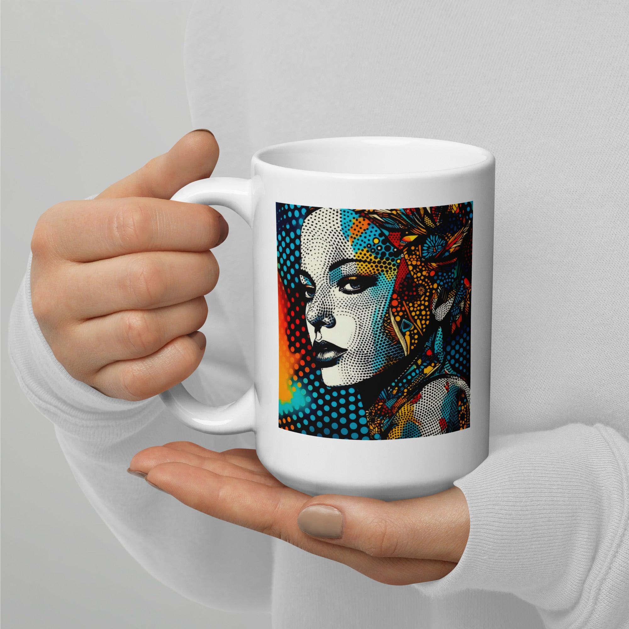 Close-up of a white glossy mug featuring pencil art