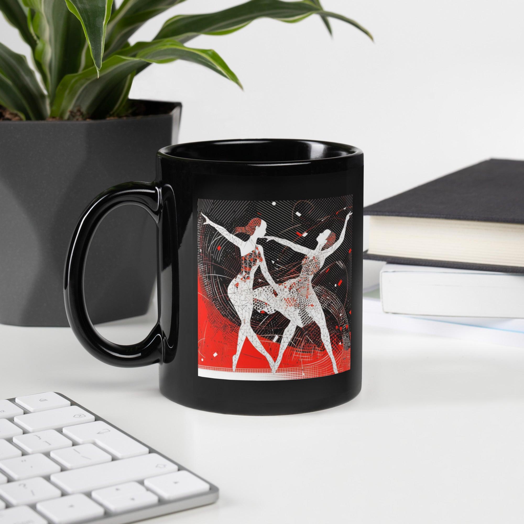 Black glossy mug with playful dance designs for women.