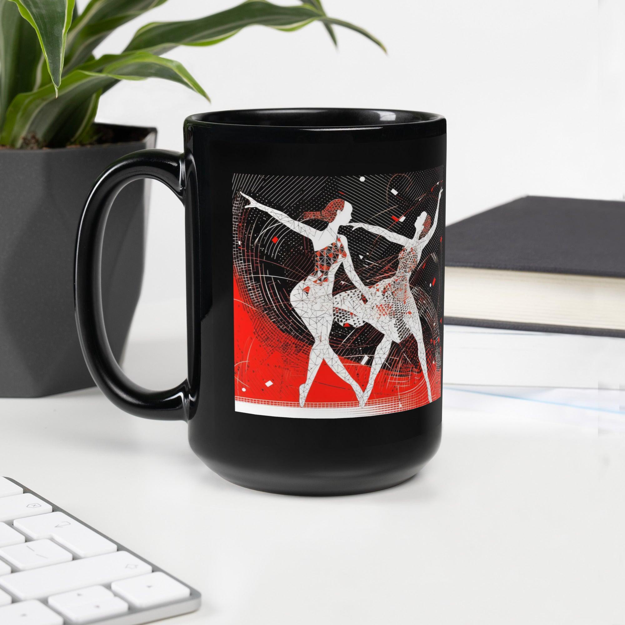 Elegant black coffee mug featuring women's dance fashion motif.