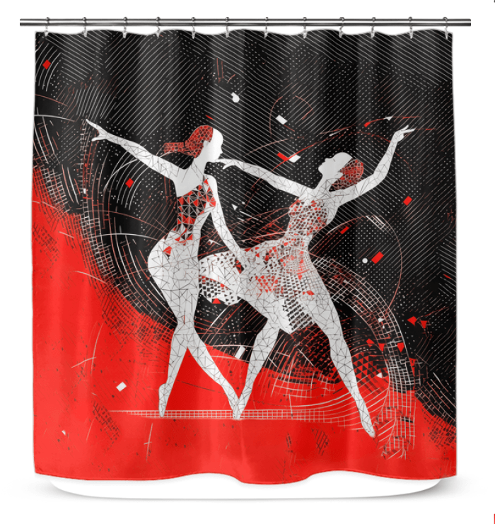 Colorful women's dance fashion design on shower curtain, bringing style and fun to bathroom decor.