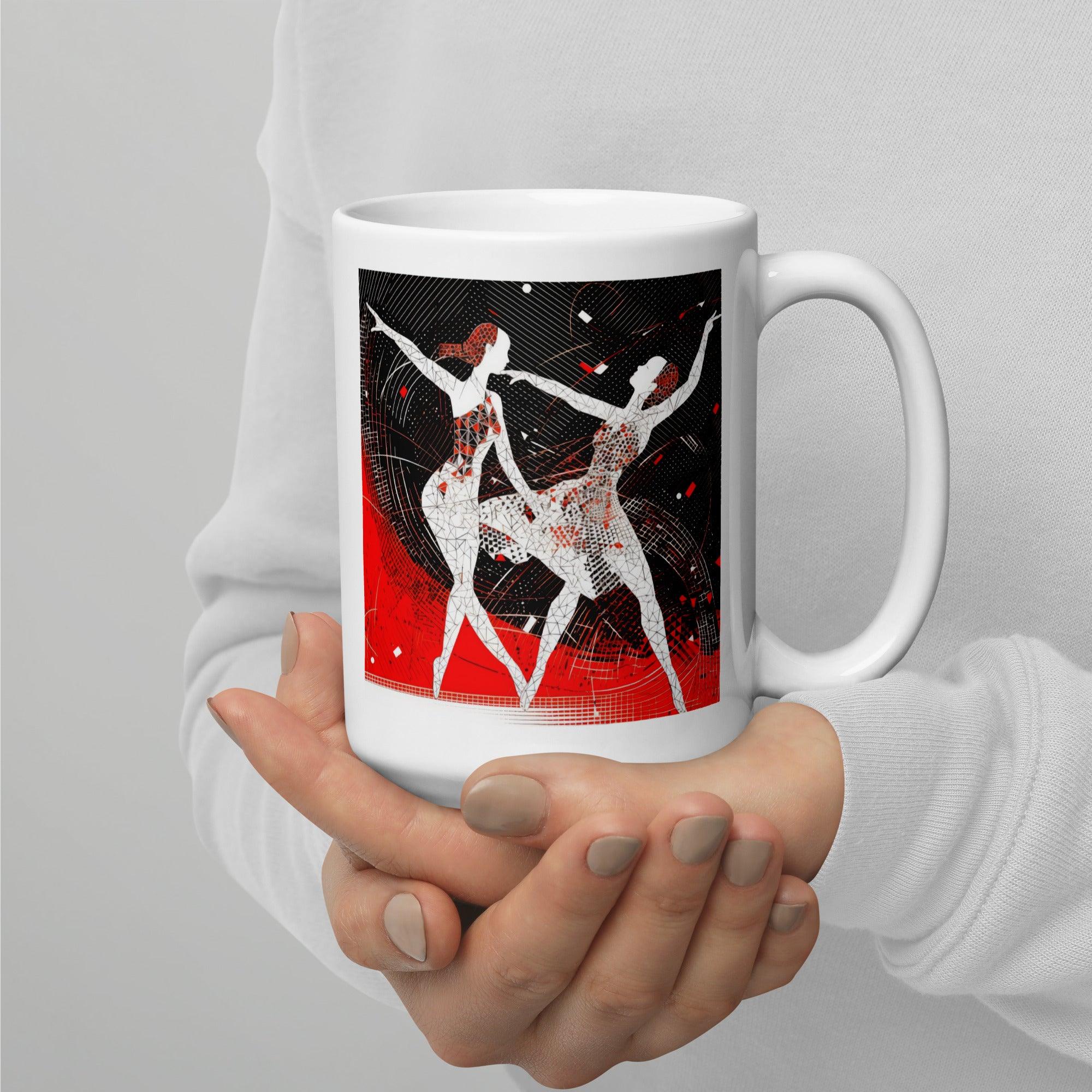 White glossy mug with playful women's dance design