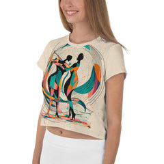 Model wearing Poetic Balletic Fashion all-over print crop tee.