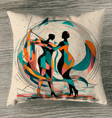 Poetic Balletic Fashion Outdoor Pillow on a rustic wooden bench