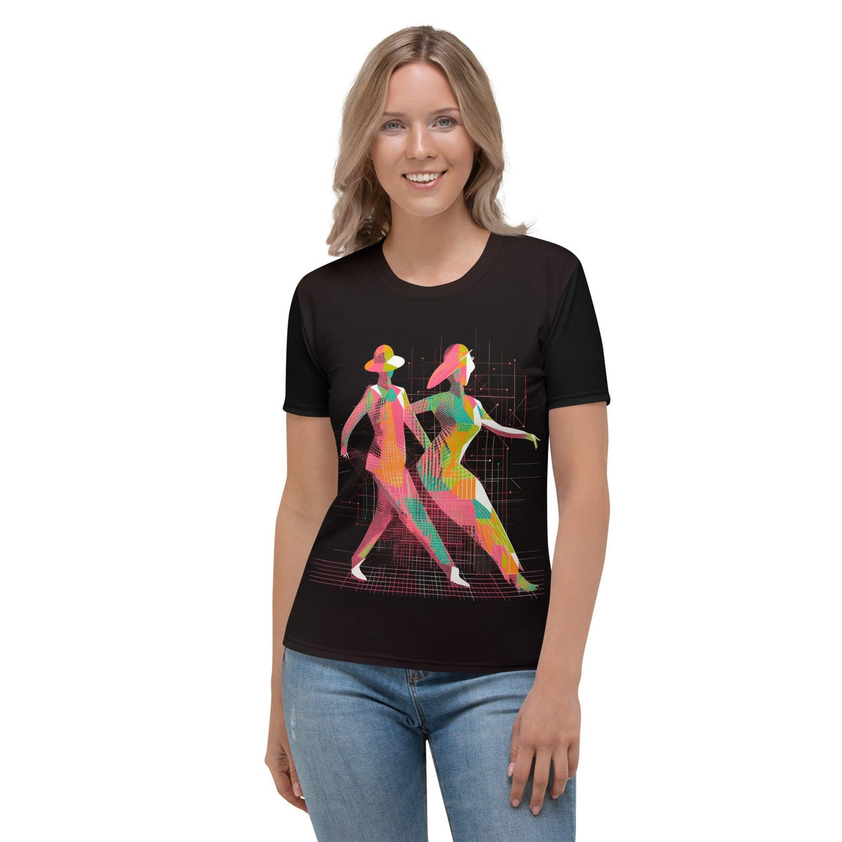 Woman wearing poetic balletic fashion T-shirt with elegant design.