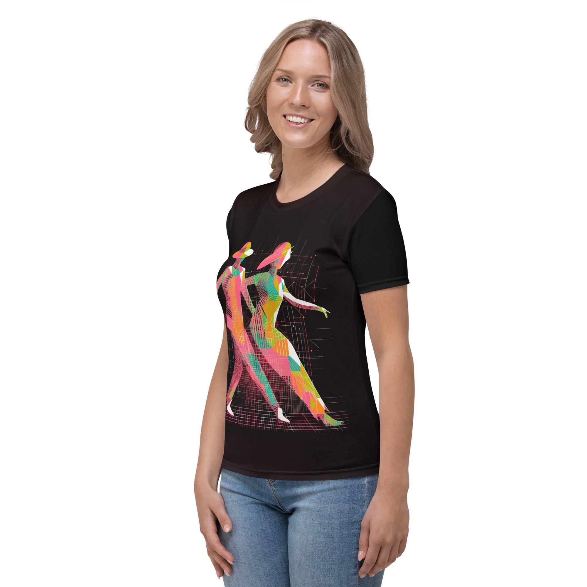 Stylish woman in a poetic balletic themed T-shirt, showcasing its versatility.