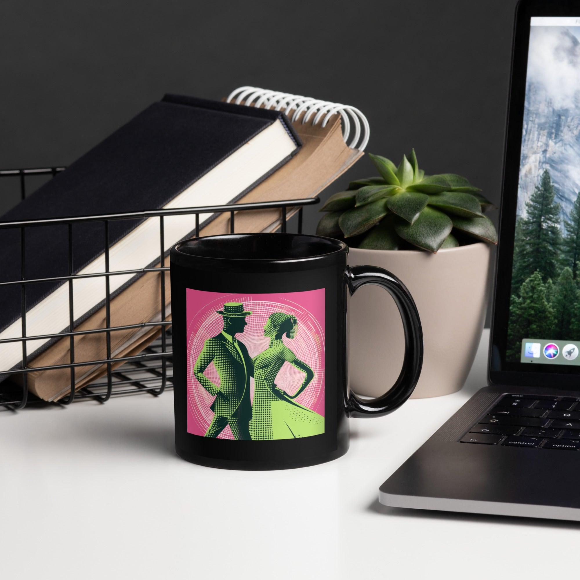 Black glossy mug with dance-themed artwork.