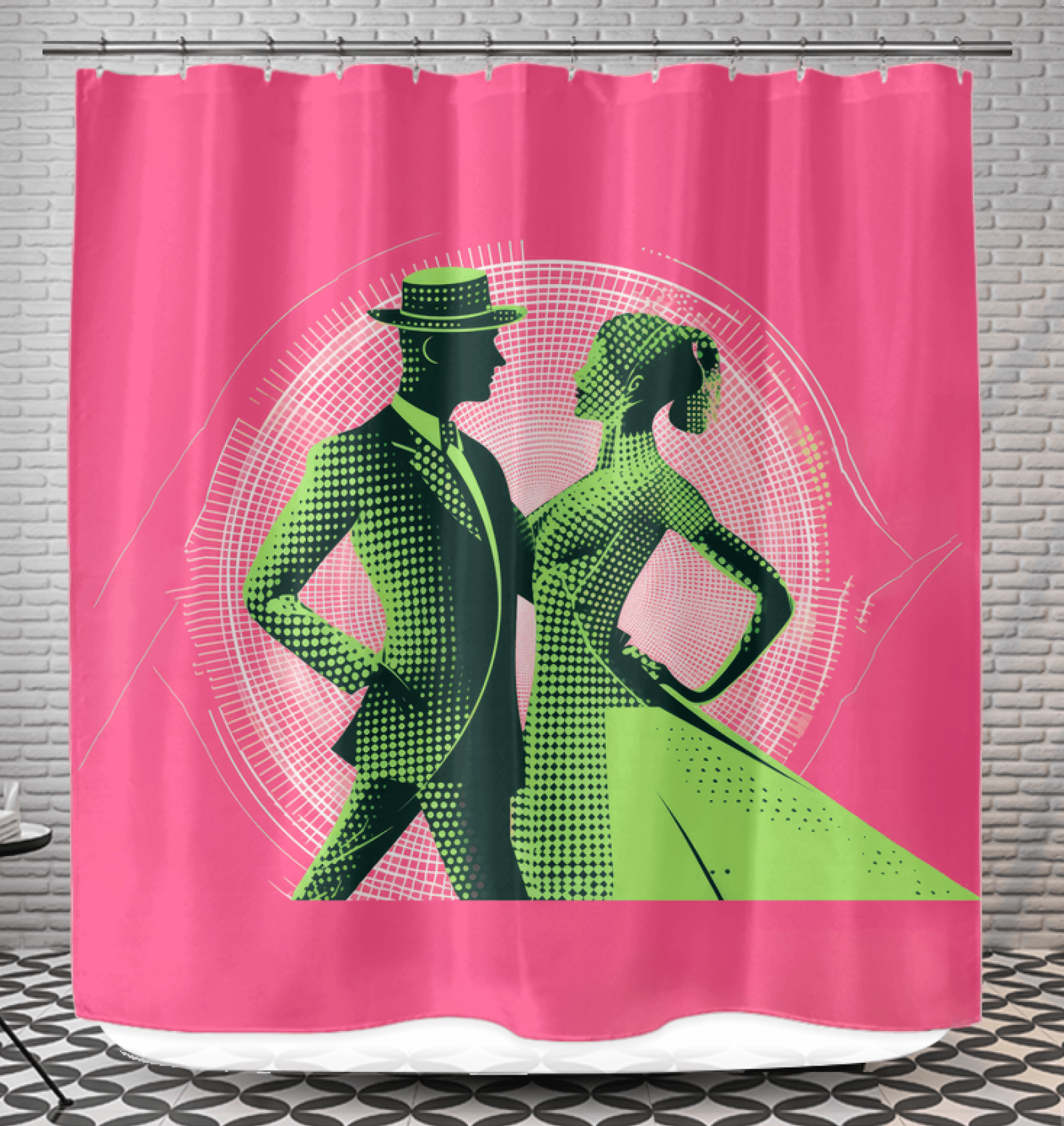 Artistic shower curtain featuring a woman's dance expression in a poetic silhouette.