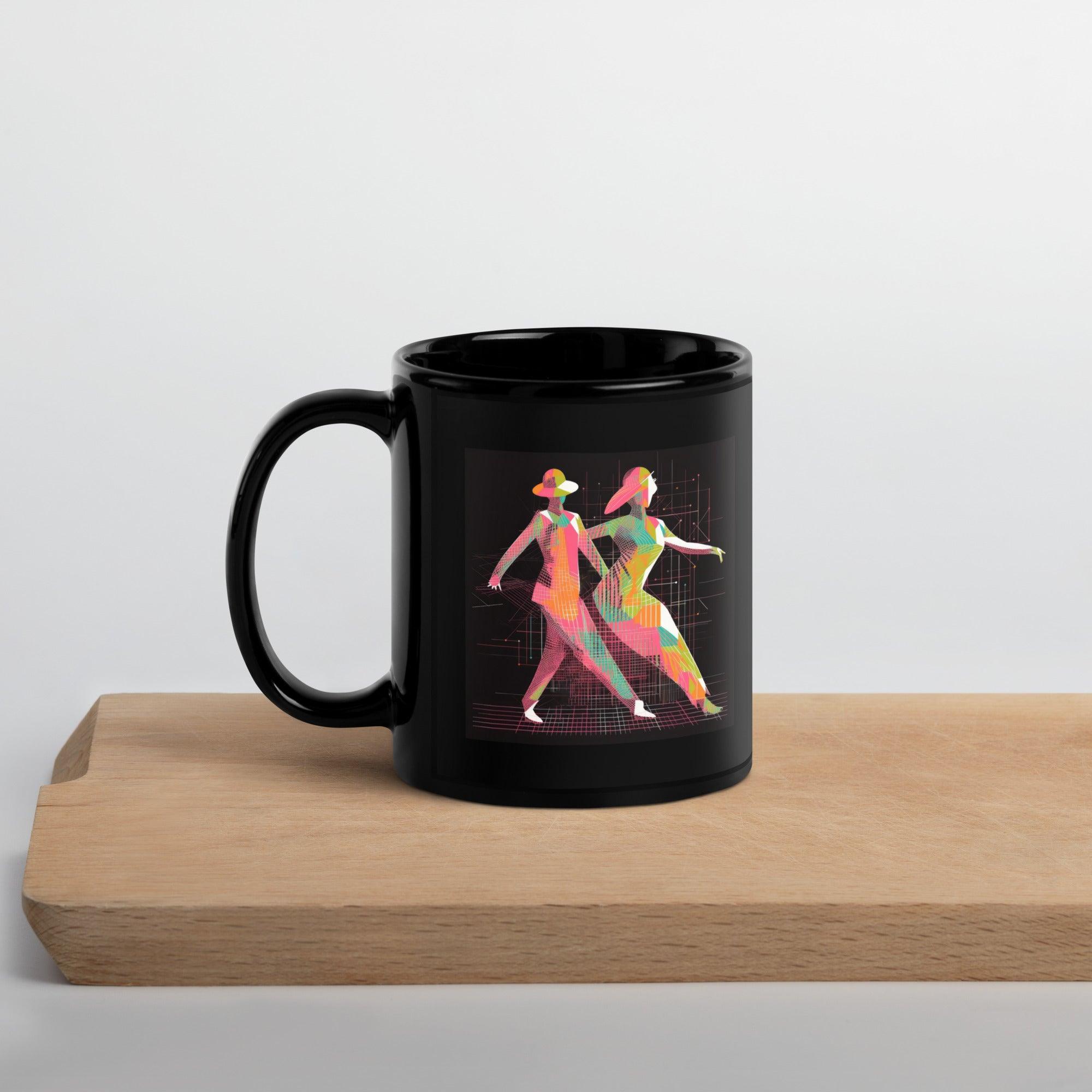 Sophisticated black mug featuring balletic fashion artwork.