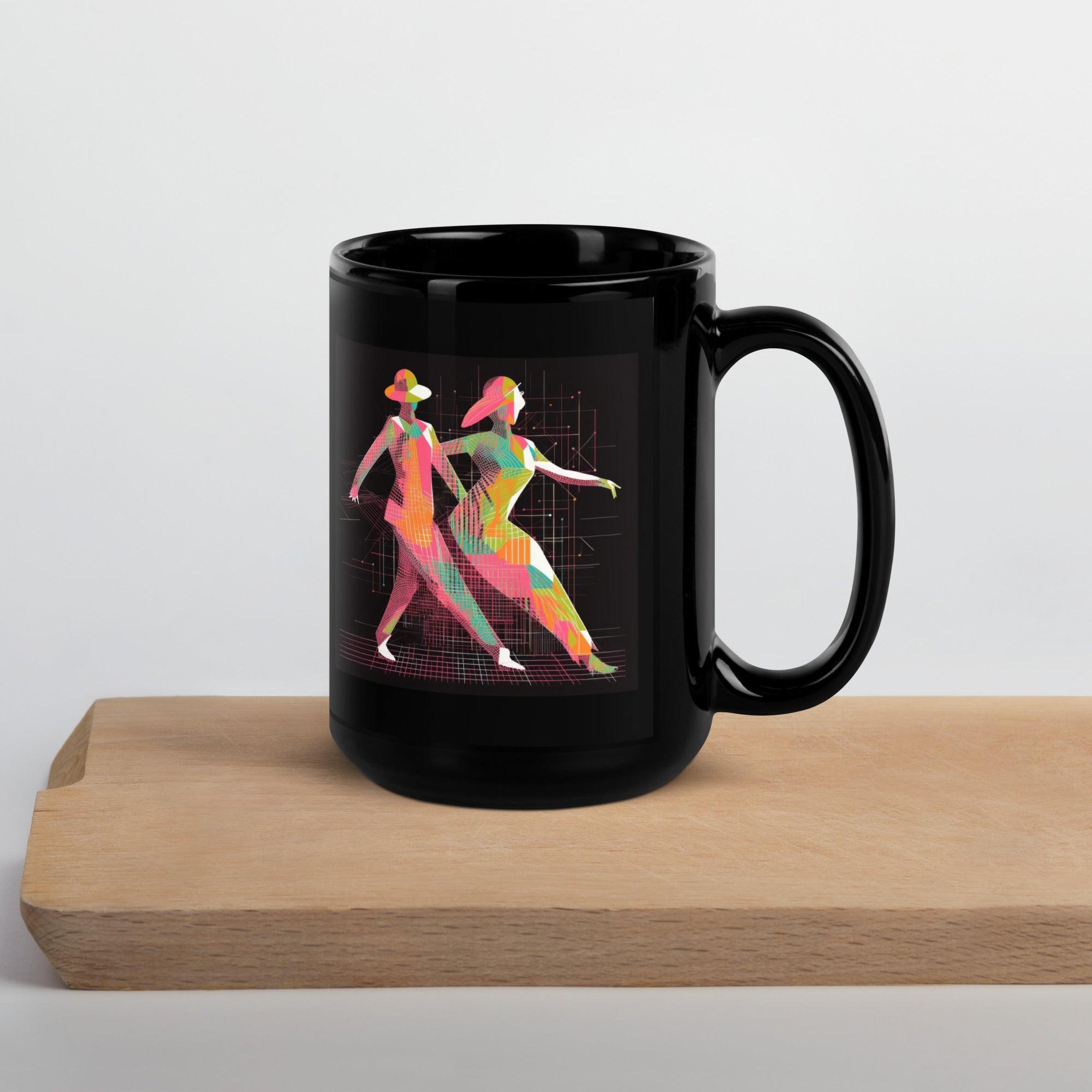 Chic black coffee mug with glossy finish and ballet fashion motif.