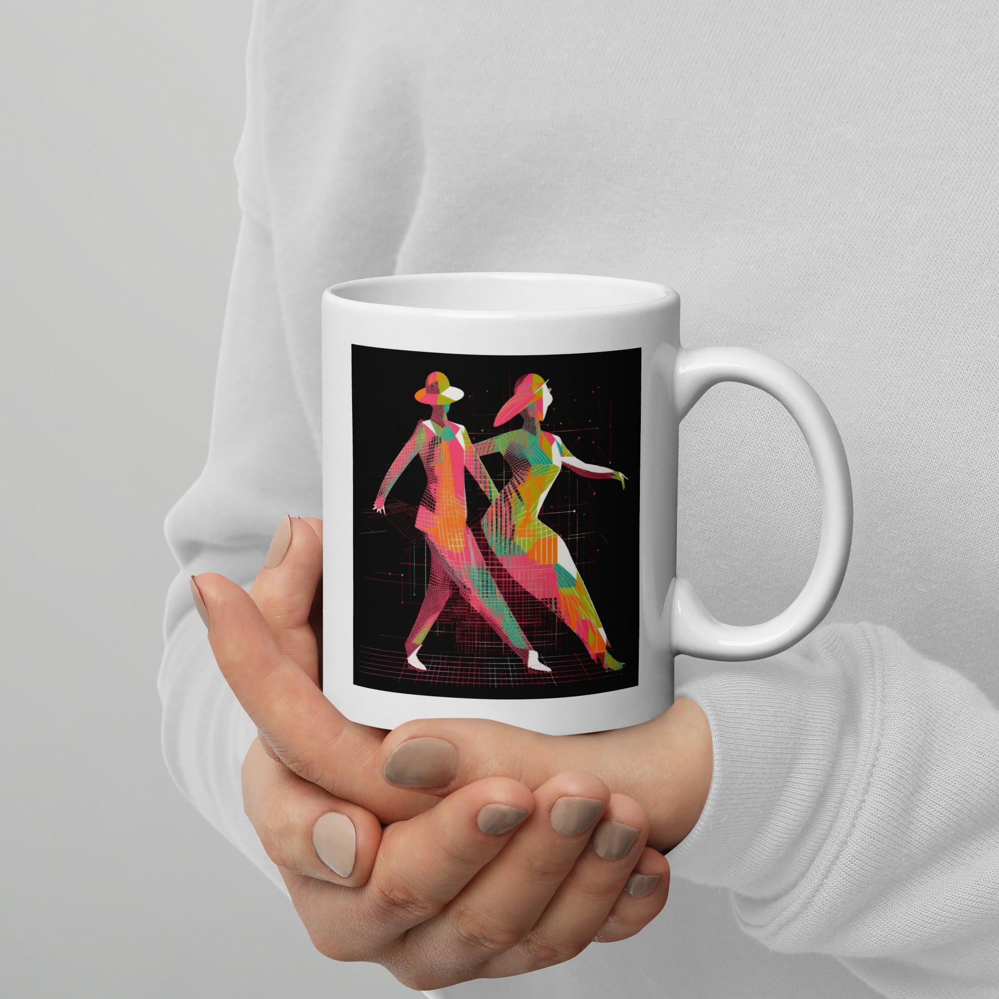 Elegant white glossy mug with poised balletic fashion design for stylish mornings.