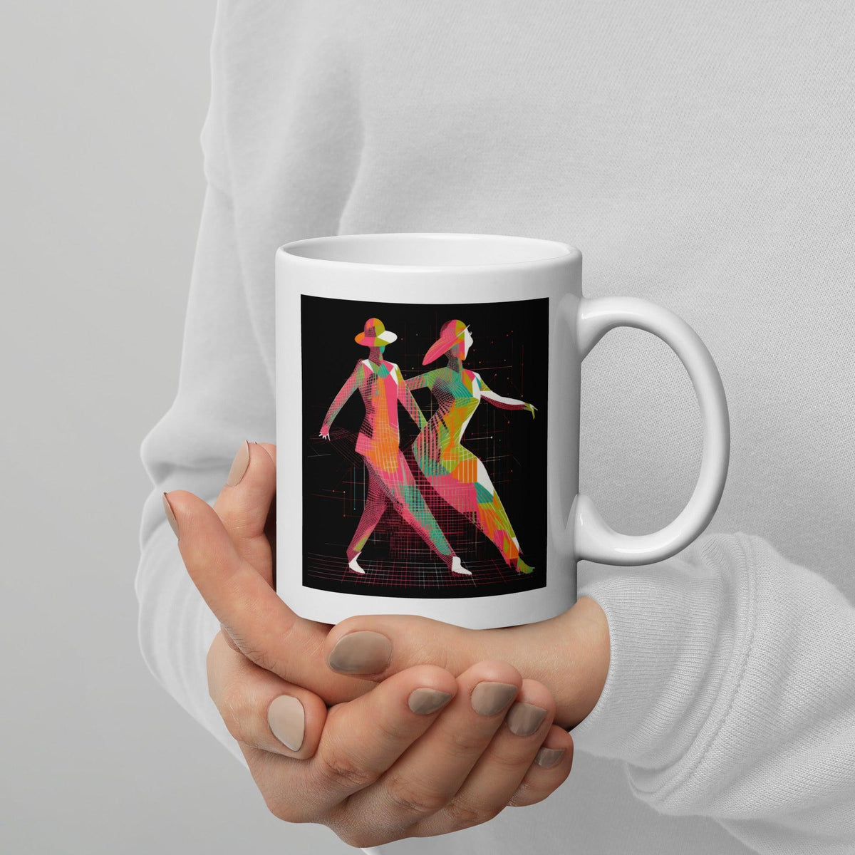 Elegant white glossy mug with poised balletic fashion design for stylish mornings.